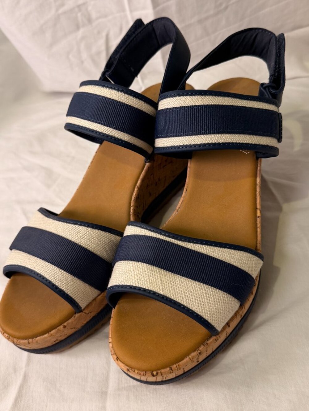 Sperry Navy Stripe Cork Wedge Sandals Size 12 EUC